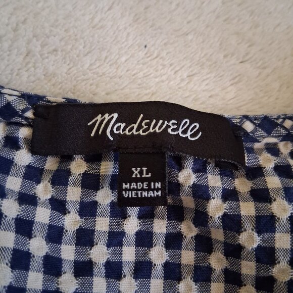 Madewell Women's Size XL Blue White Gingham Textured Cotton Wrap Top - Picture 5 of 11